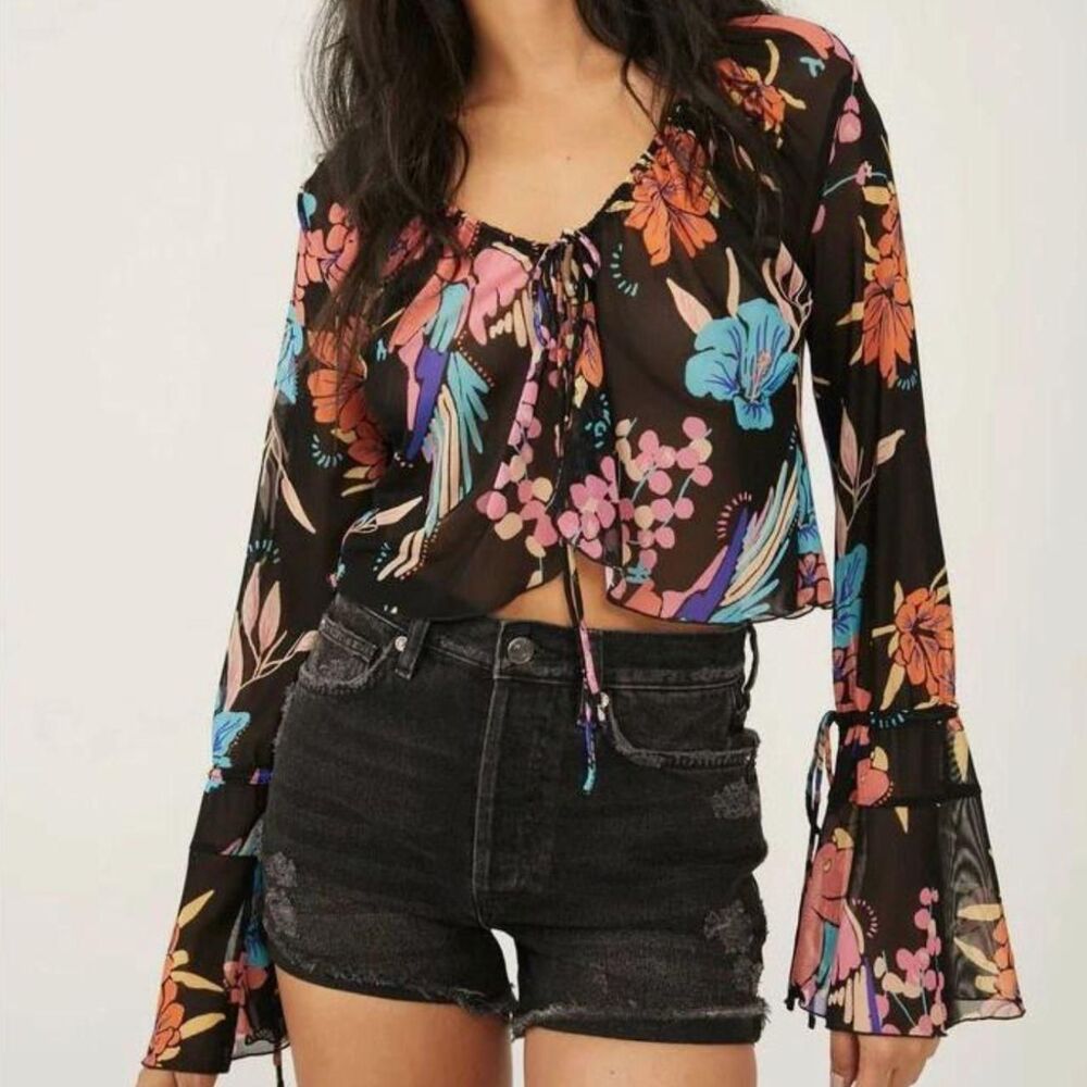 Free People Floral Of Paradise Bell Sleeve Top - Size Large